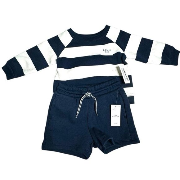 Old Navy Baby Set Striped Long Sleeve Top Solid Shorts Blue White Sz 3-6 Mos NWT - Picture 4 of 10